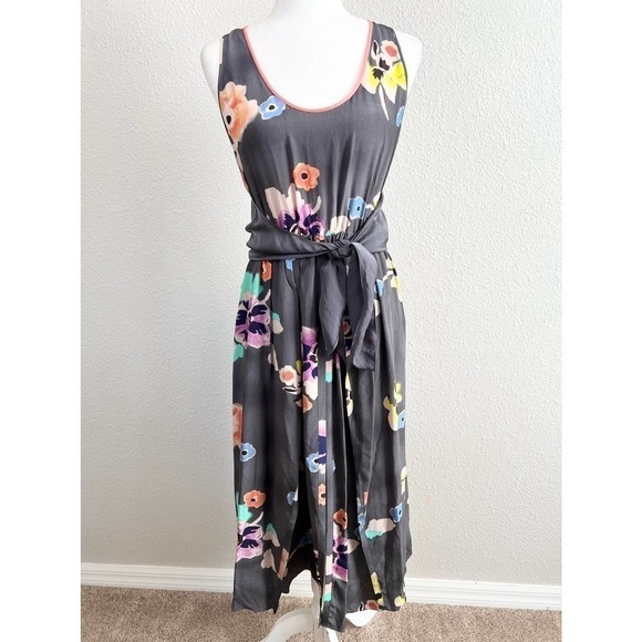 Rebecca Taylor Midi Dress Women's 6 Gray Bright Floral Layered Waist Tie Silk - Picture 1 of 8